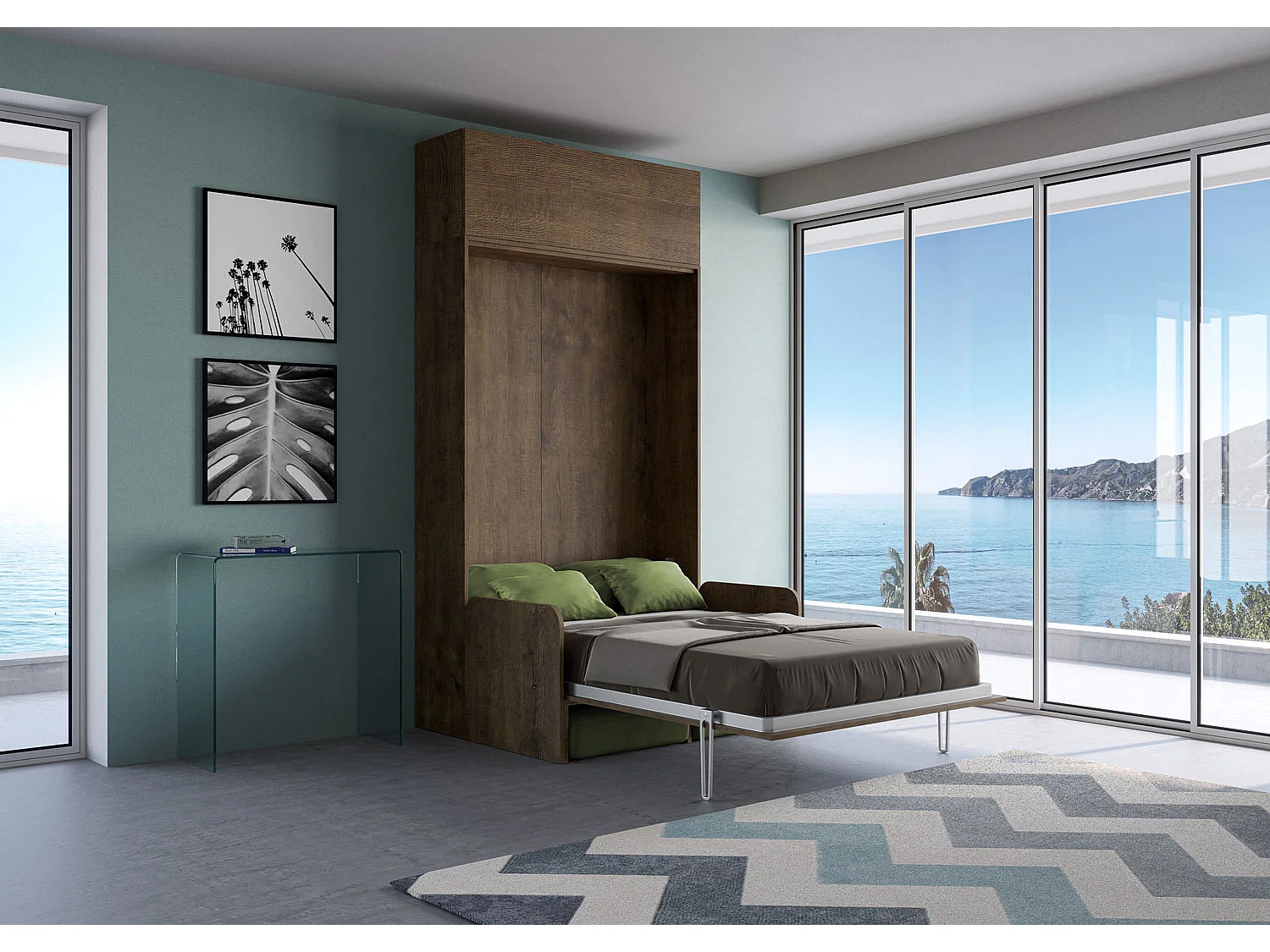 Kentaro 120 cm Klappbett in Queensize-Größe mit Sofa und Wandeinheit aus Walnussholz, grün