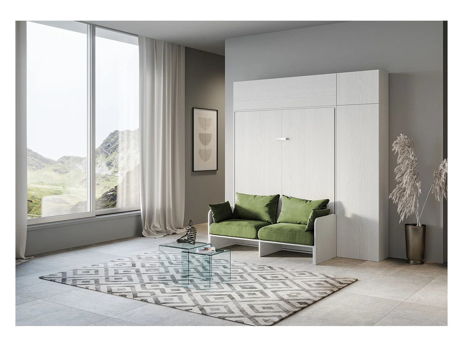 Cama doble plegable Kentaro de 160 cm con sofá y muebles de fresno blanco, verde