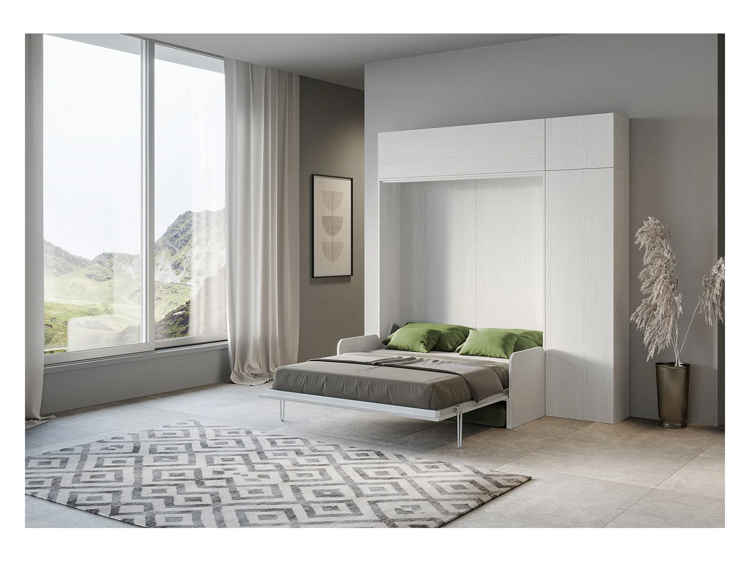 Cama doble plegable Kentaro de 160 cm con sofá y muebles de fresno blanco, verde