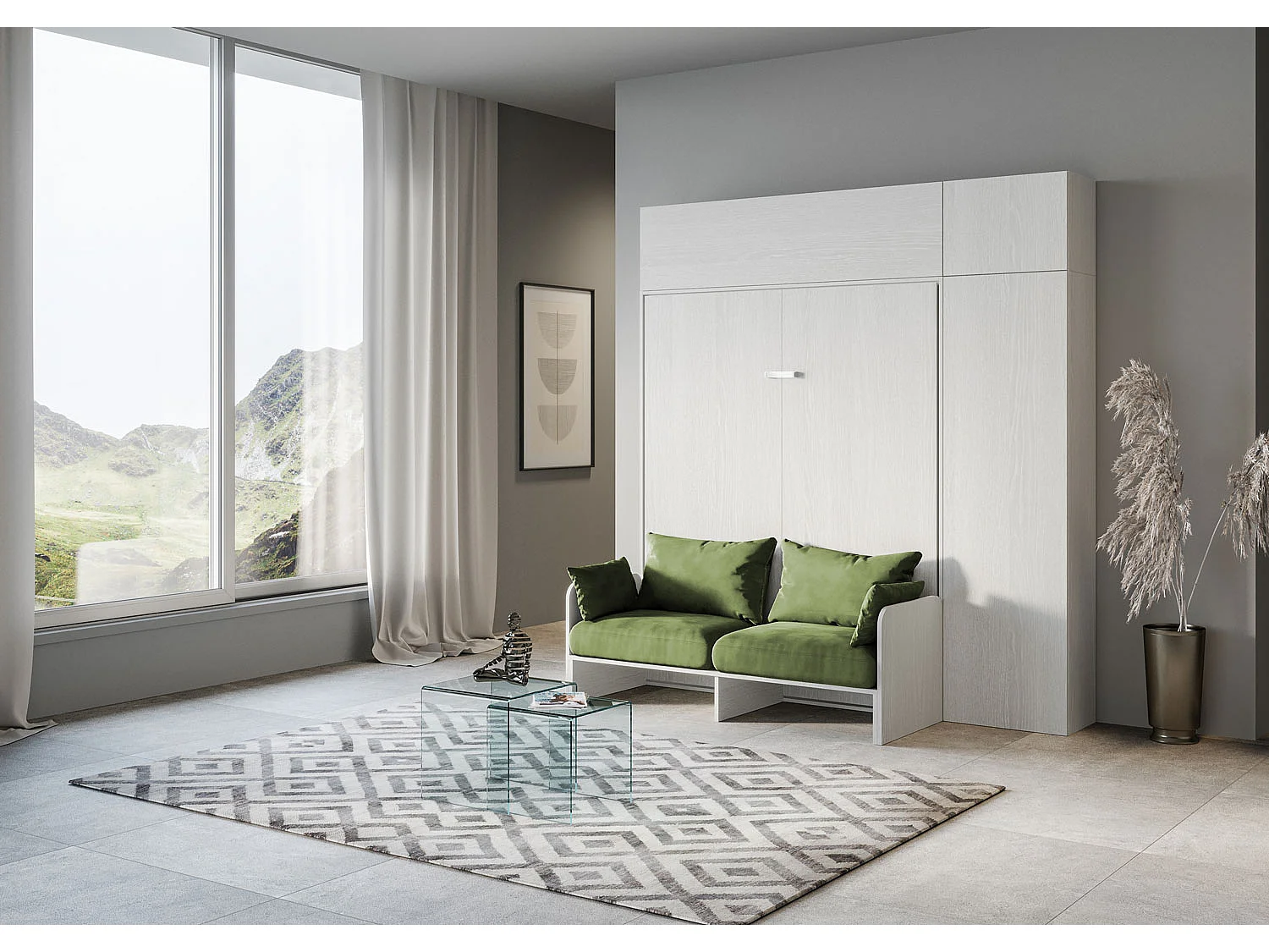 Kentaro 160cm opklapbed tweepersoonsbed met bank en wit essenhouten meubels, groen