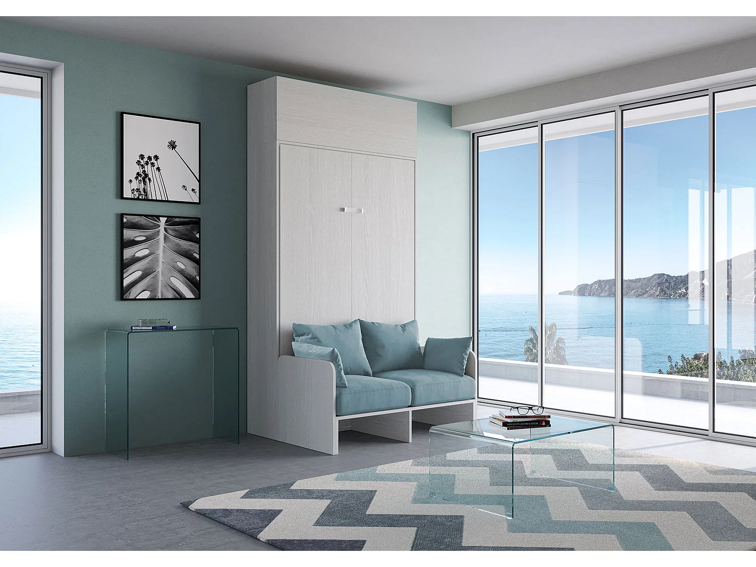 Kentaro 140cm Frans opklapbed met bank en witte essenhouten wandkast, lichtblauw