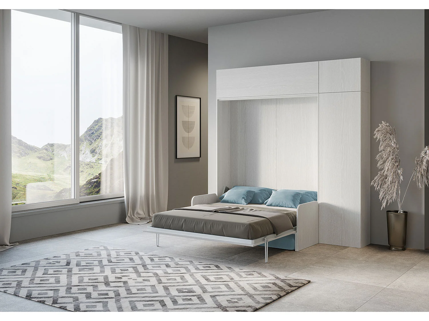 Kentaro 160cm opklapbaar tweepersoonsbed met bank en wit essenhouten meubels, lichtblauw