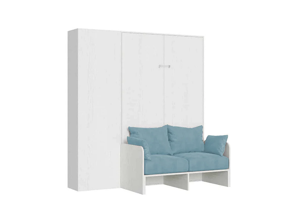 Kentaro 140 cm französisches Klappdoppelbett mit Sofa und Säule in Esche weiß und hellblau