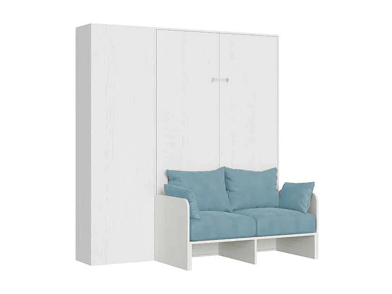 Kentaro 140 cm französisches Klappdoppelbett mit Sofa und Säule in Esche weiß und hellblau