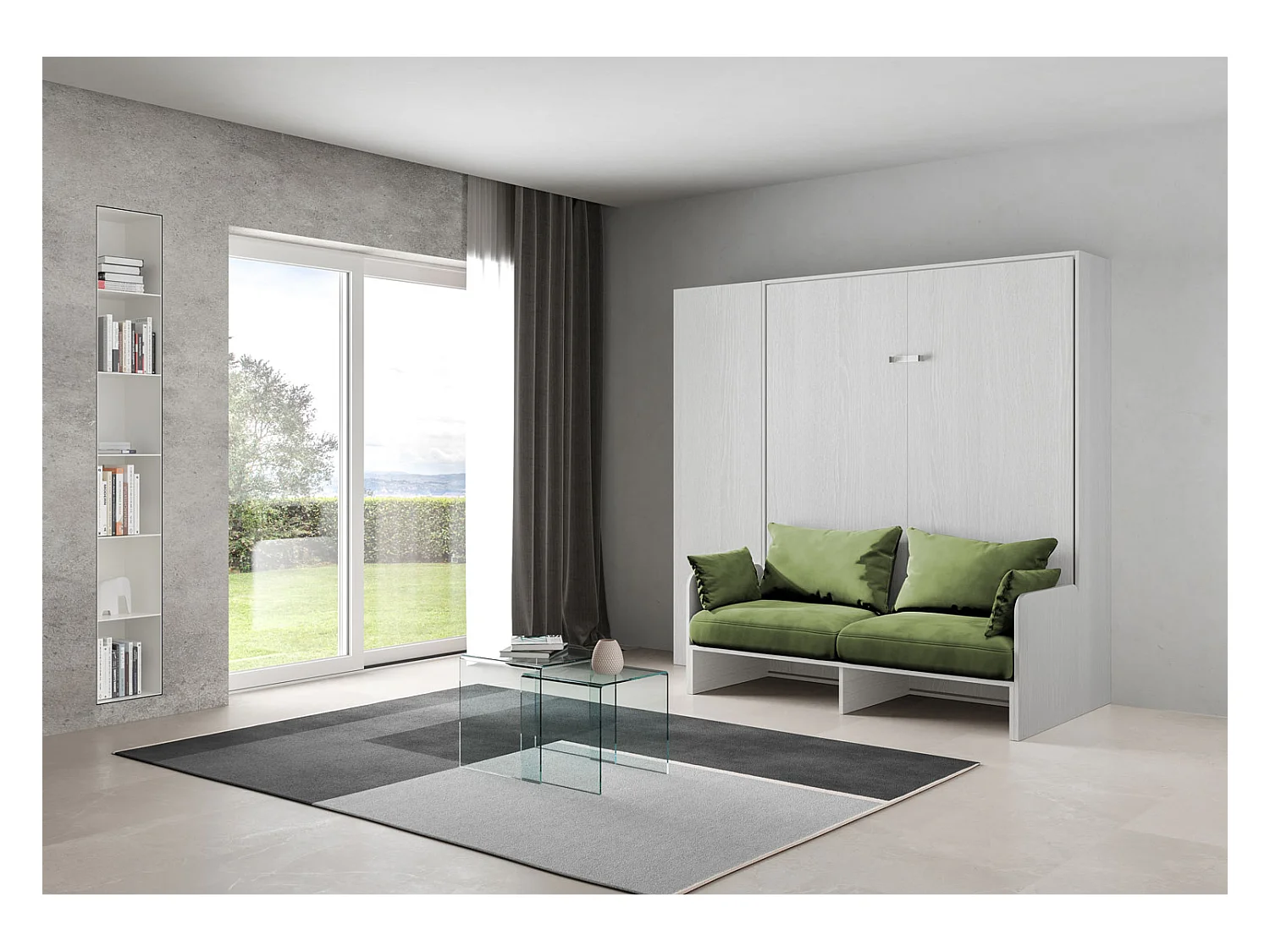 Kentaro 160 cm Klappdoppelbett mit Sofa und Säule in Esche weiß und grün