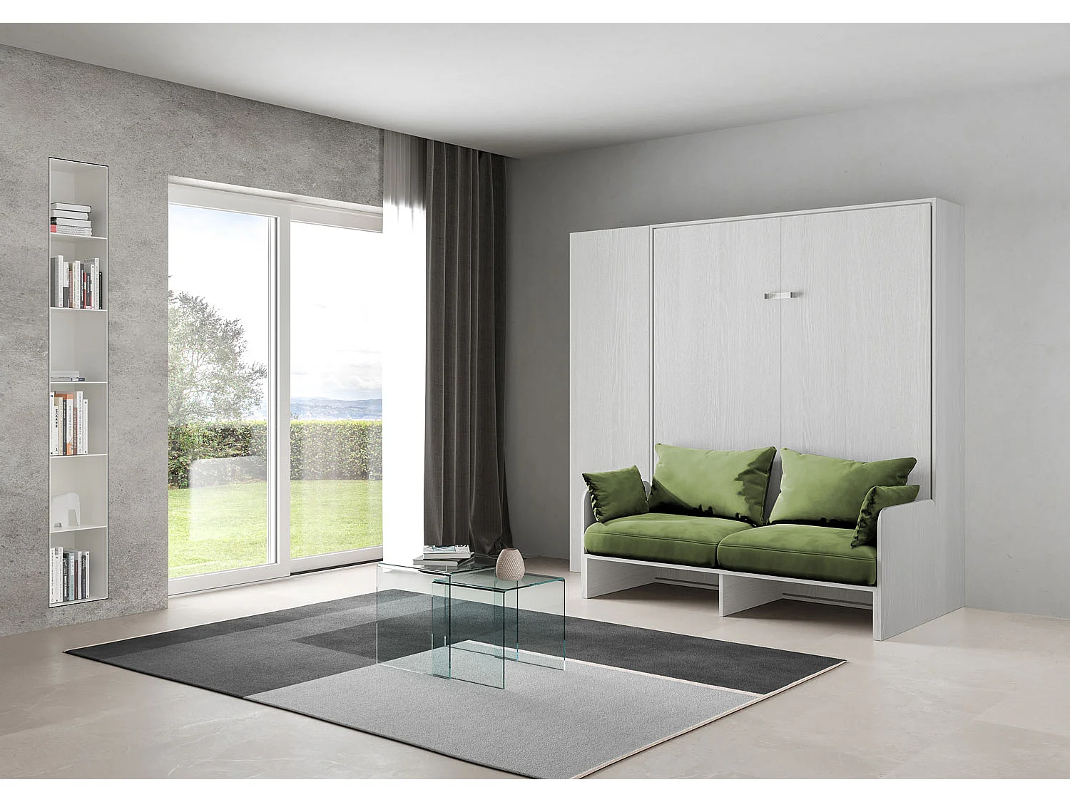 Kentaro 160 cm Klappdoppelbett mit Sofa und Säule in Esche weiß und grün