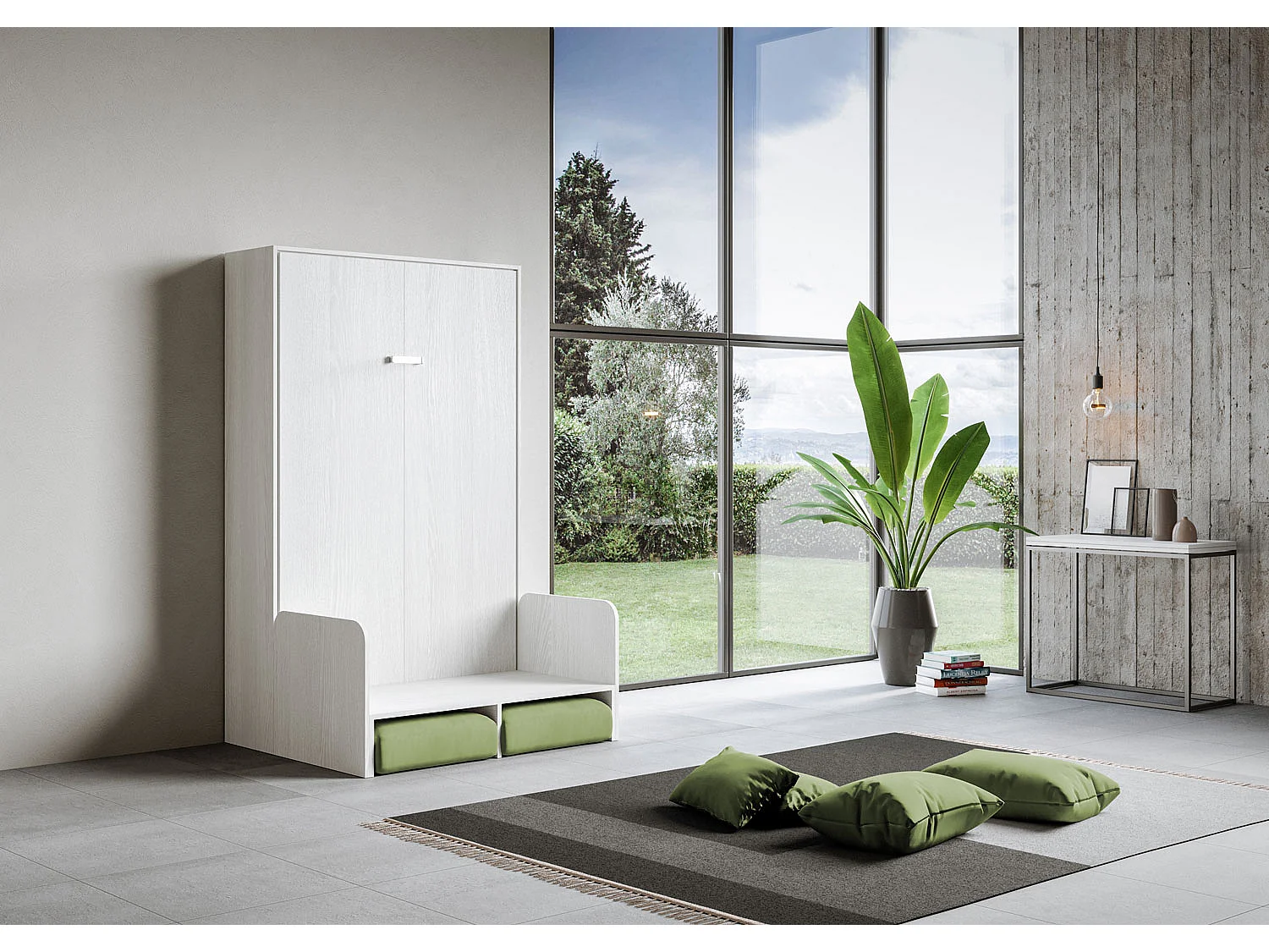 Kentaro 140cm Frans opklapbed voor twee personen met witte essenhouten bank, groen