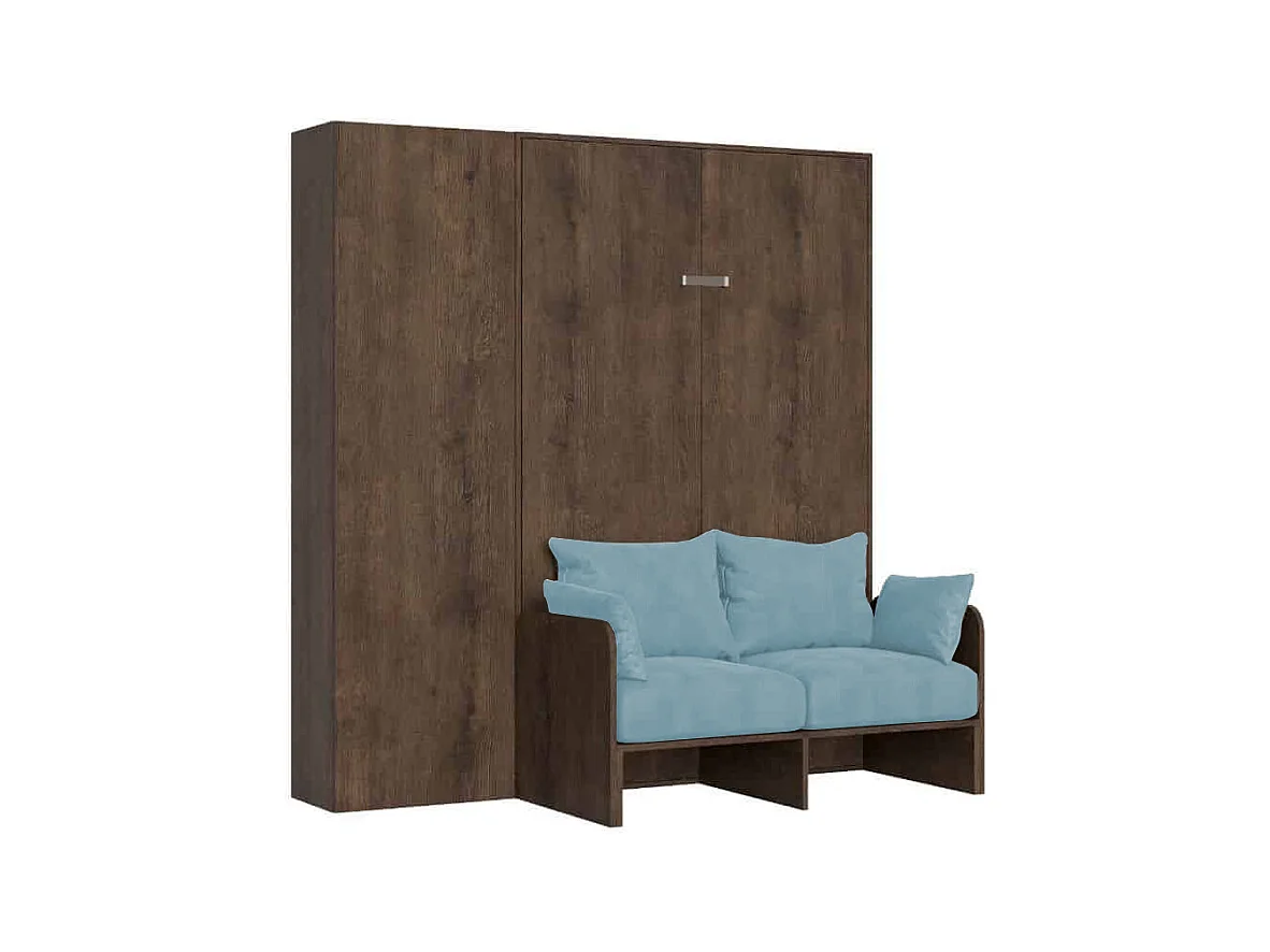 Lit double escamotable français Kentaro 140 cm avec canapé et colonne en noyer, bleu clair