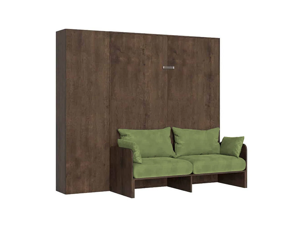 Lit double escamotable Kentaro 160 cm avec canapé et colonne en noyer, vert