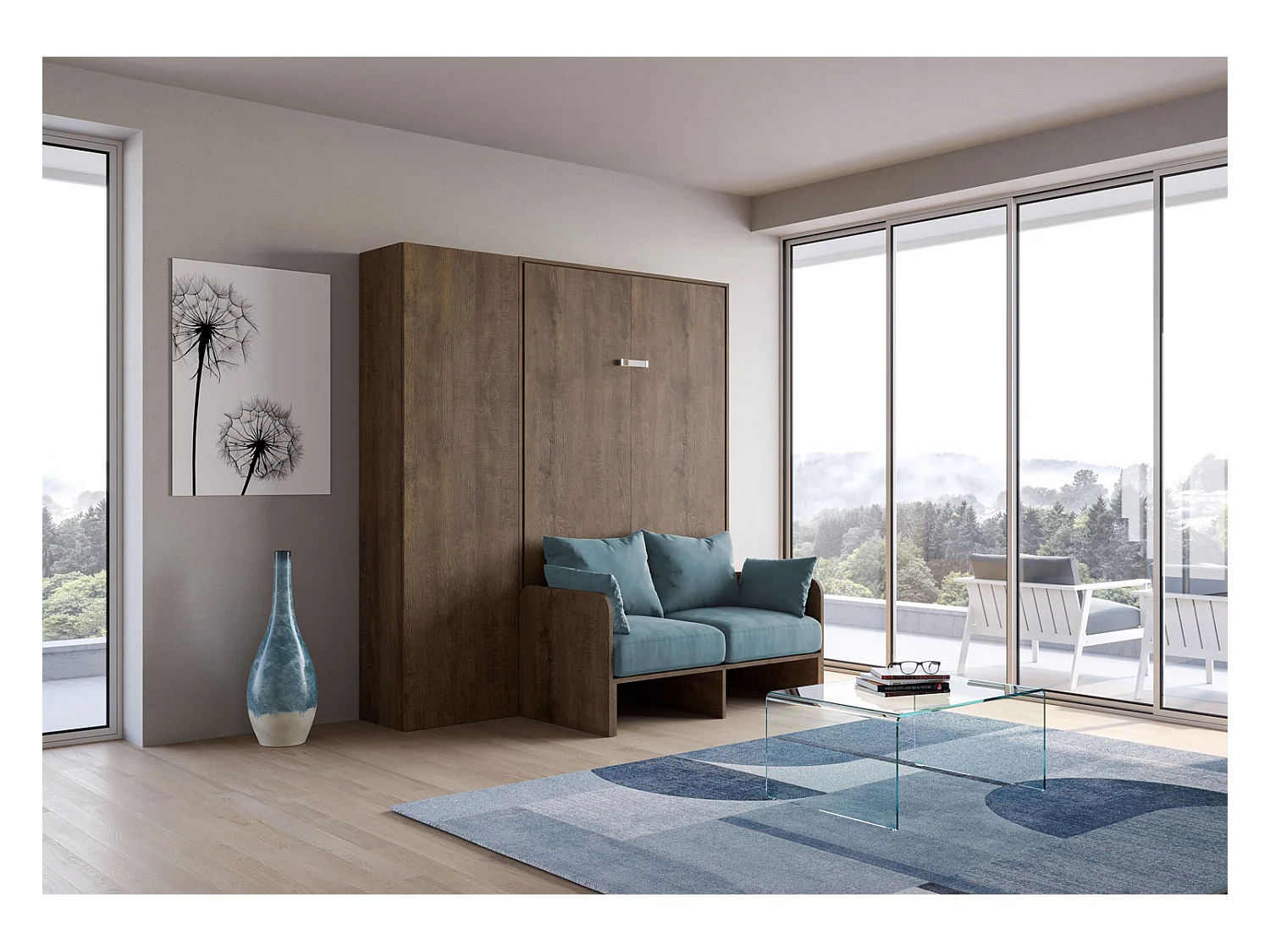 Kentaro 120 cm Klappbett in Queensize-Größe mit Sofa und Säule aus Walnussholz, hellblau