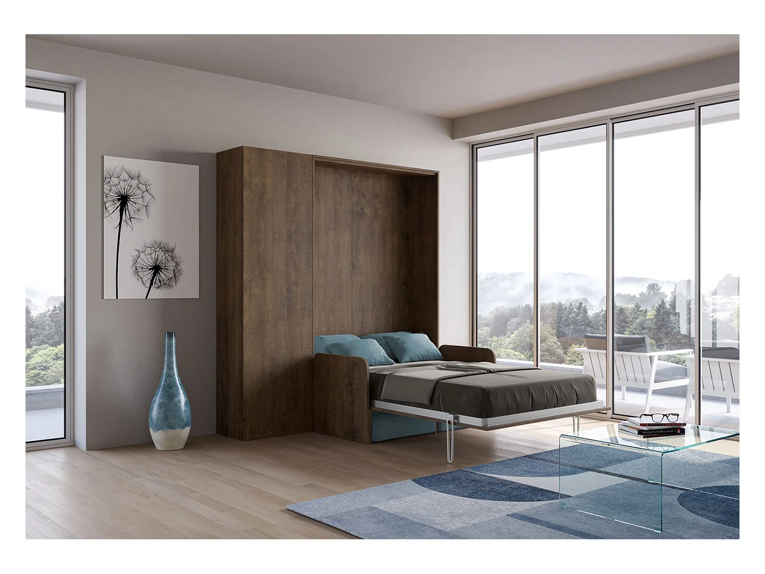 Kentaro 120 cm Klappbett in Queensize-Größe mit Sofa und Säule aus Walnussholz, hellblau