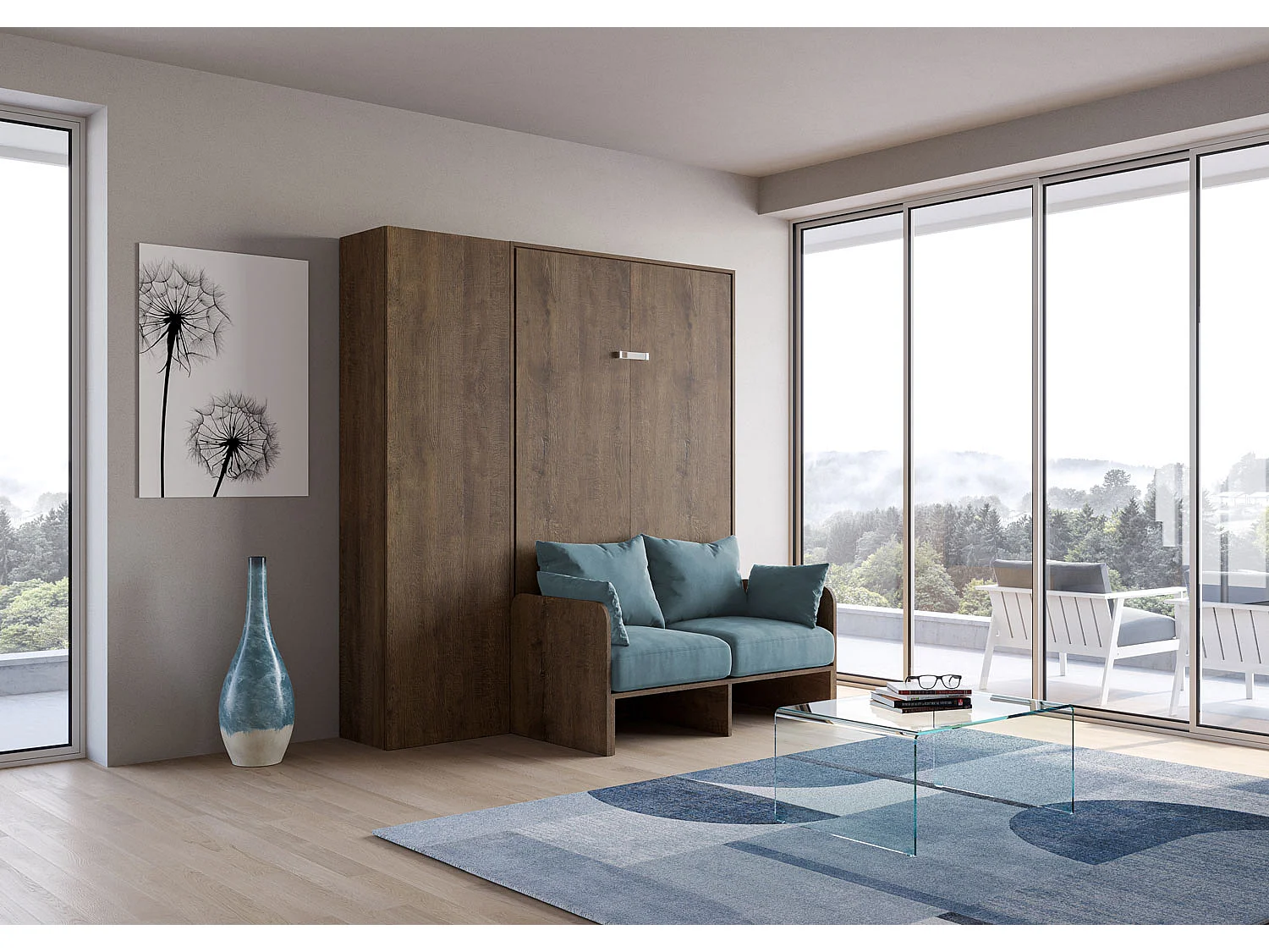 Kentaro 120 cm opklapbaar queensize bed met notenhouten bank en kolom, lichtblauw