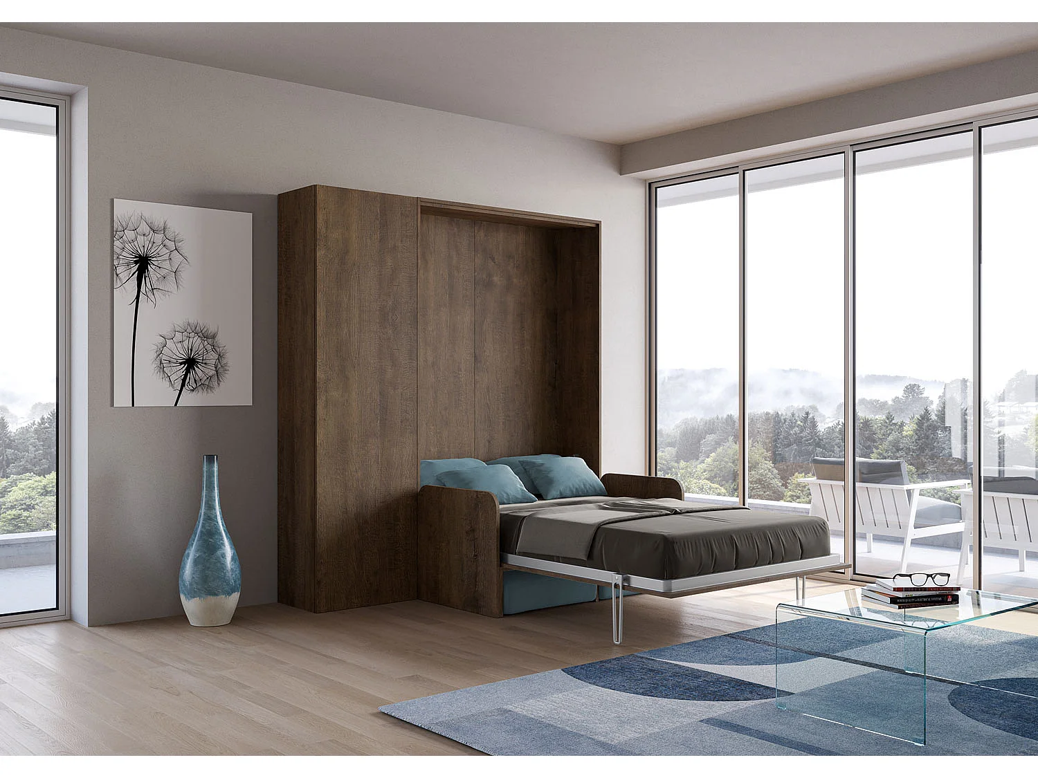 Kentaro 120 cm opklapbaar queensize bed met notenhouten bank en kolom, lichtblauw