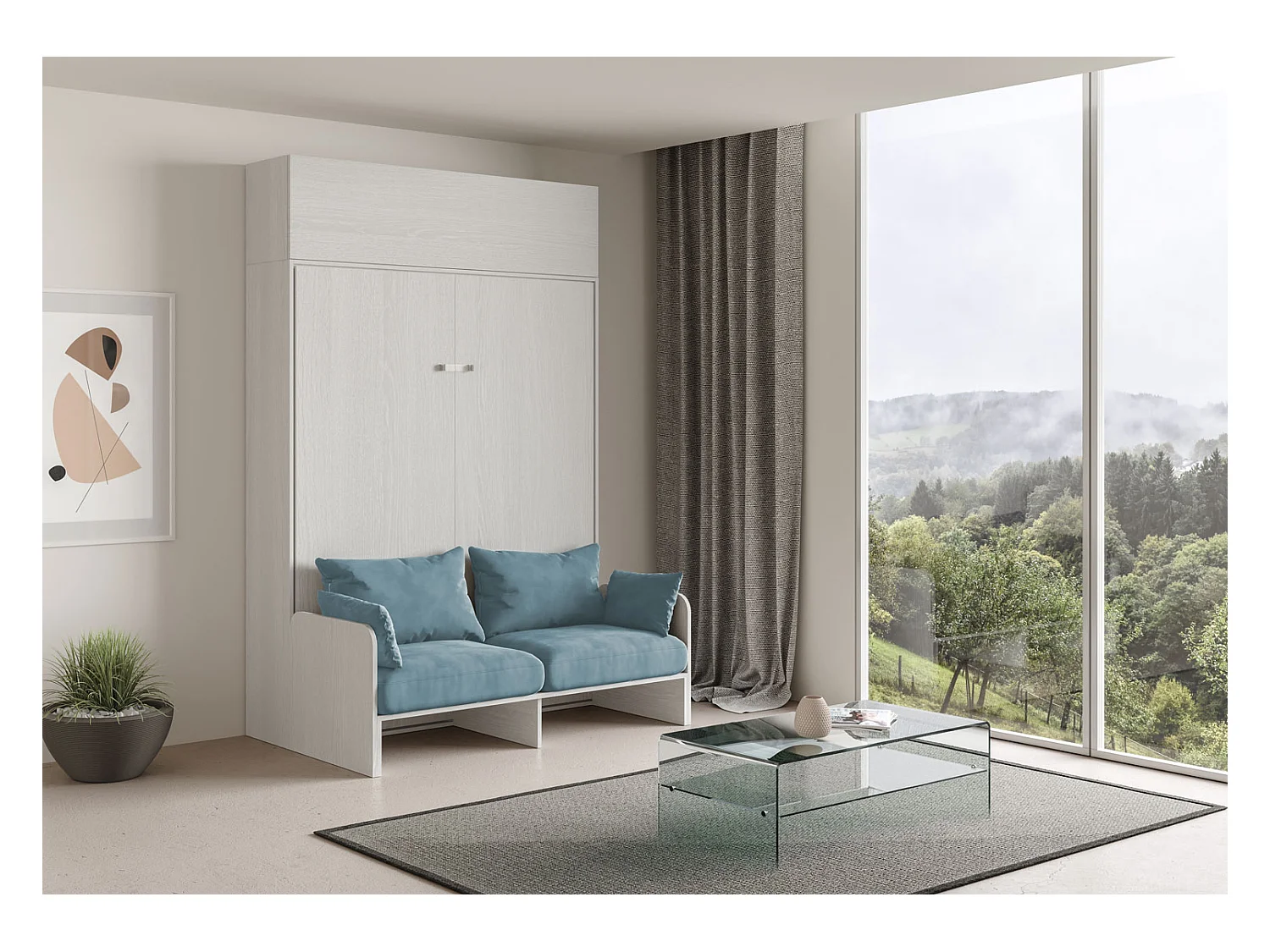 Kentaro 160 cm Klappbett für Doppelbett mit Sofa und Schrankwand aus weißer Esche, hellblau