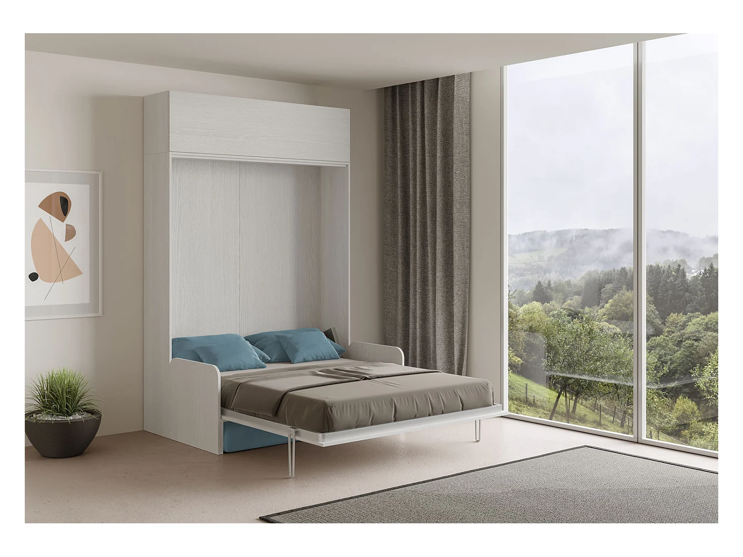 Kentaro 160 cm Klappbett für Doppelbett mit Sofa und Schrankwand aus weißer Esche, hellblau