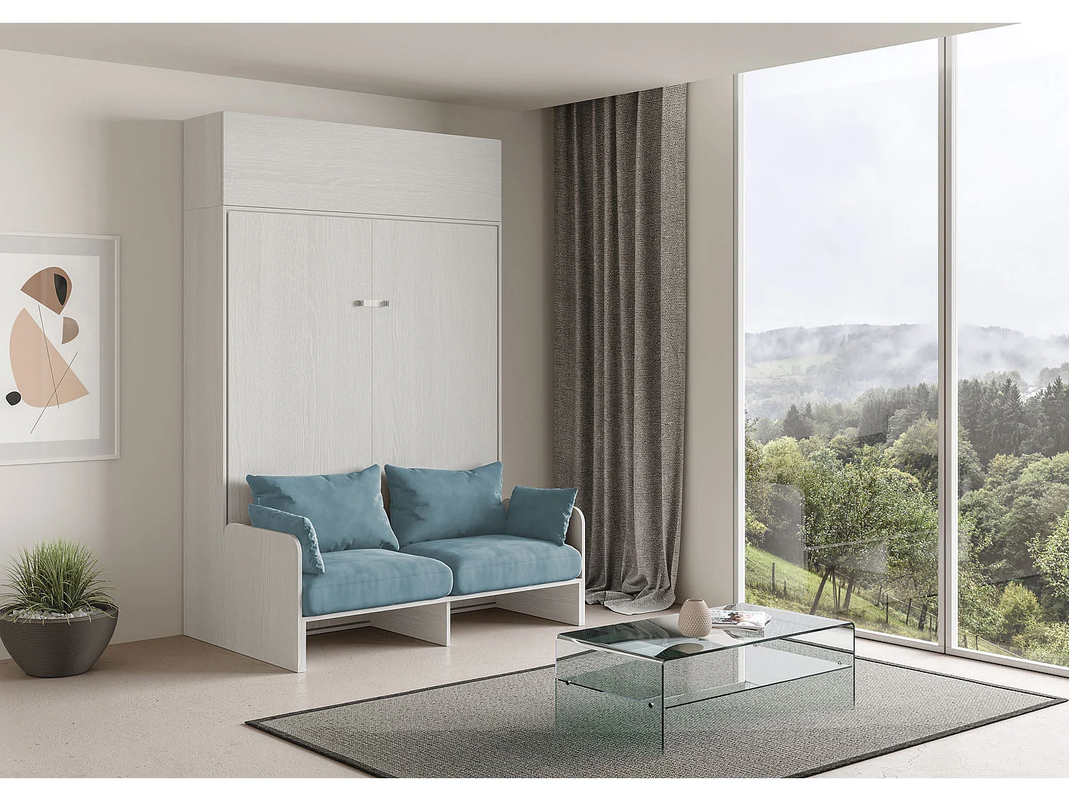 Kentaro 160cm opklapbaar tweepersoonsbed met bank en witte essenhouten wandkast, lichtblauw