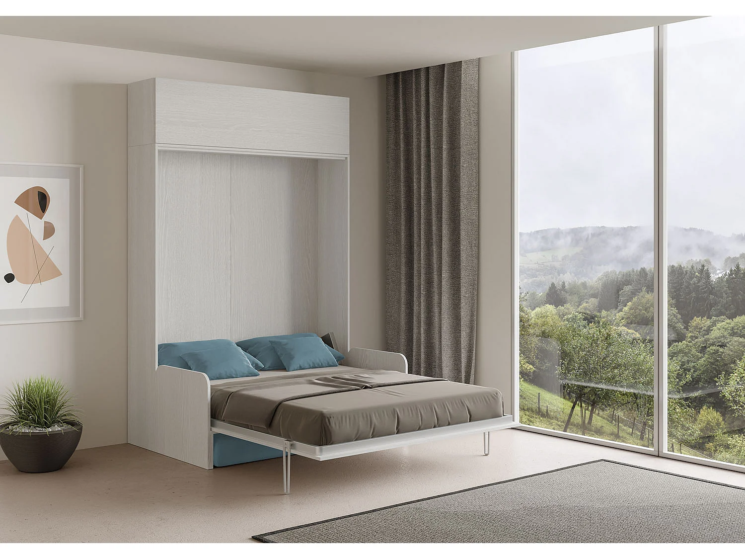 Kentaro 160cm opklapbaar tweepersoonsbed met bank en witte essenhouten wandkast, lichtblauw