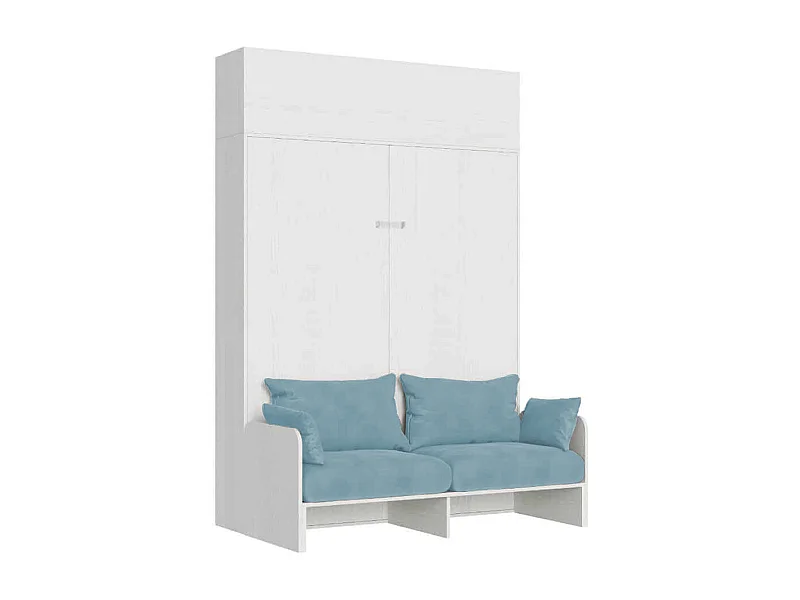 Kentaro 160 cm Klappbett für Doppelbett mit Sofa und Schrankwand aus weißer Esche, hellblau