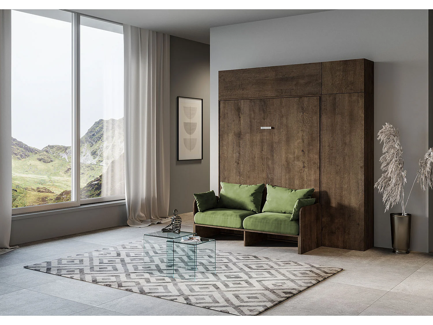 Kentaro 160cm opklapbed tweepersoonsbed met bank en notenhouten meubelen, groen