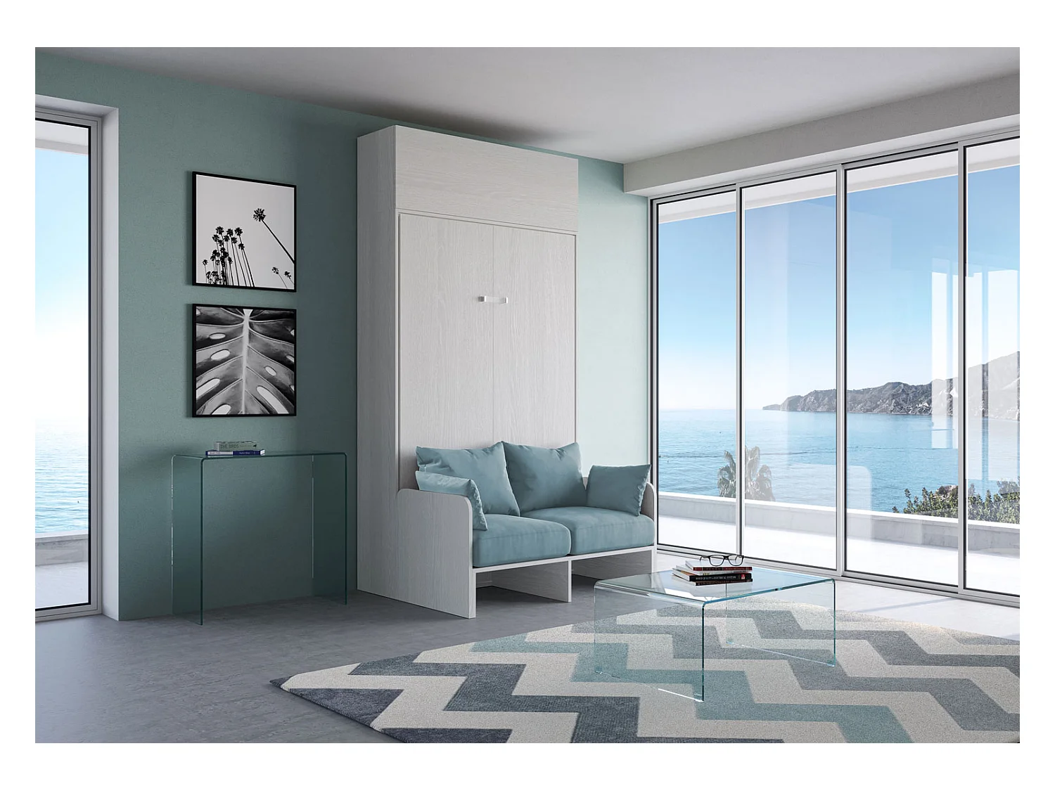 Kentaro 120 cm Klappbett in Queensize-Größe mit Sofa und Schrankwand aus weißer Esche, hellblau