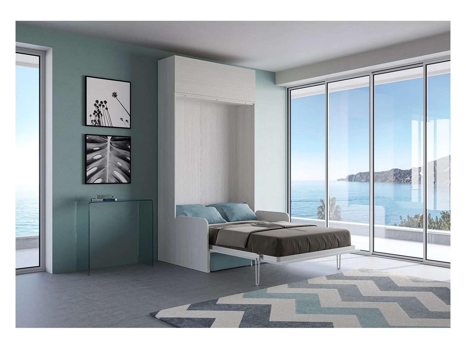 Kentaro 120 cm Klappbett in Queensize-Größe mit Sofa und Schrankwand aus weißer Esche, hellblau