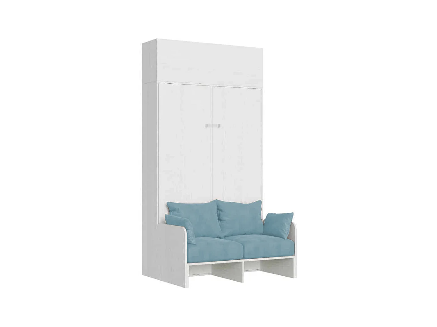 Kentaro 120 cm Klappbett in Queensize-Größe mit Sofa und Schrankwand aus weißer Esche, hellblau
