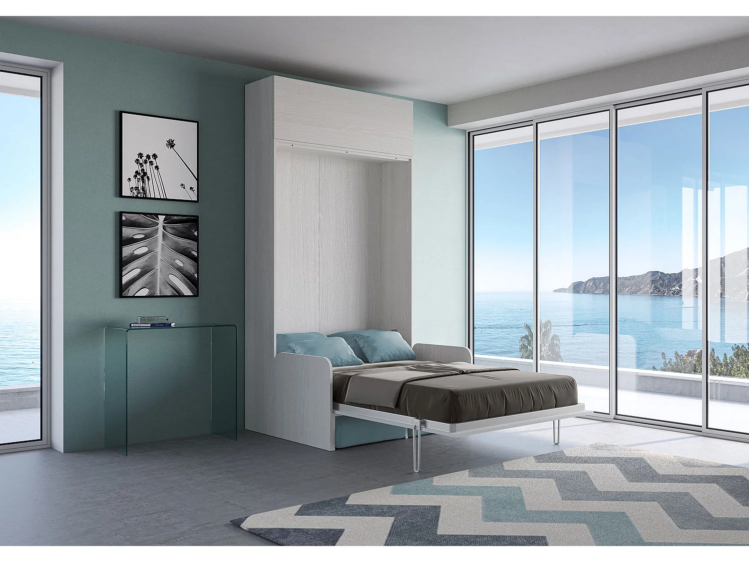 Kentaro 120 cm opklapbaar queensize bed met bank en witte essenhouten wandkast, lichtblauw