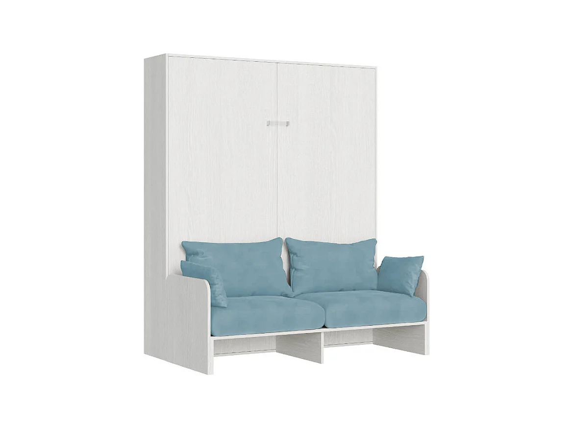 Kentaro 160cm opklapbaar tweepersoonsbed met witte essenhouten bank, lichtblauw