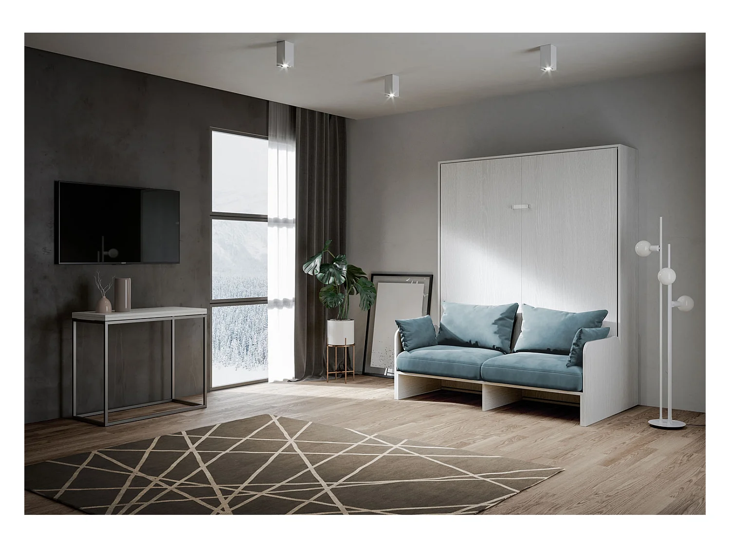 Kentaro 160cm opklapbaar tweepersoonsbed met witte essenhouten bank, lichtblauw