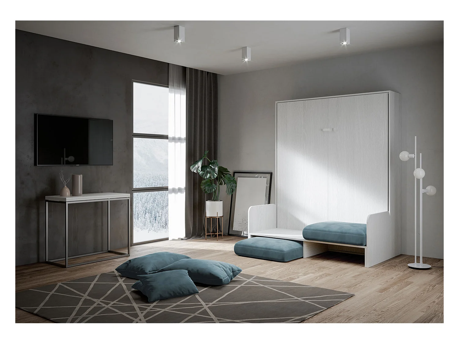 Kentaro 160cm opklapbaar tweepersoonsbed met witte essenhouten bank, lichtblauw