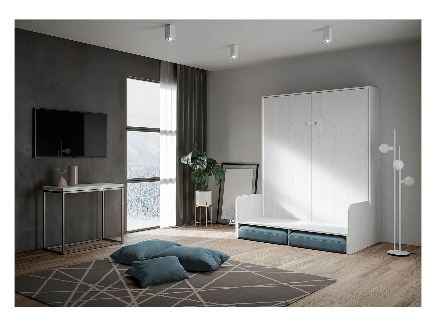 Kentaro 160cm opklapbaar tweepersoonsbed met witte essenhouten bank, lichtblauw