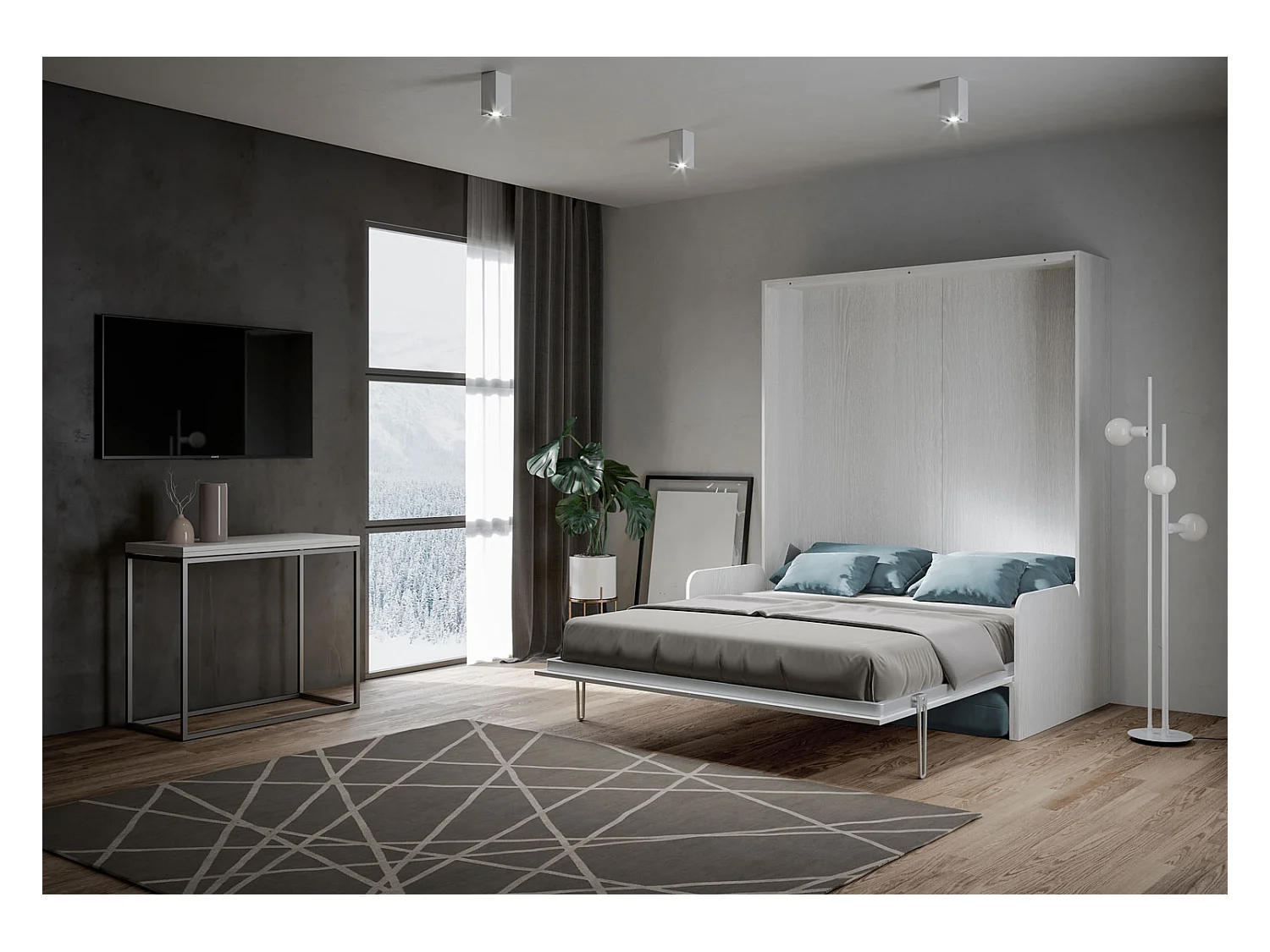 Kentaro 160cm opklapbaar tweepersoonsbed met witte essenhouten bank, lichtblauw