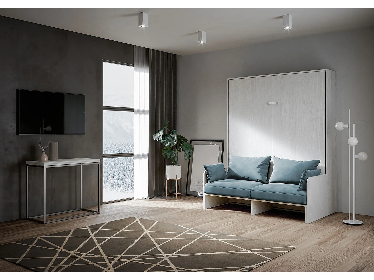 Kentaro 160cm opklapbaar tweepersoonsbed met witte essenhouten bank, lichtblauw