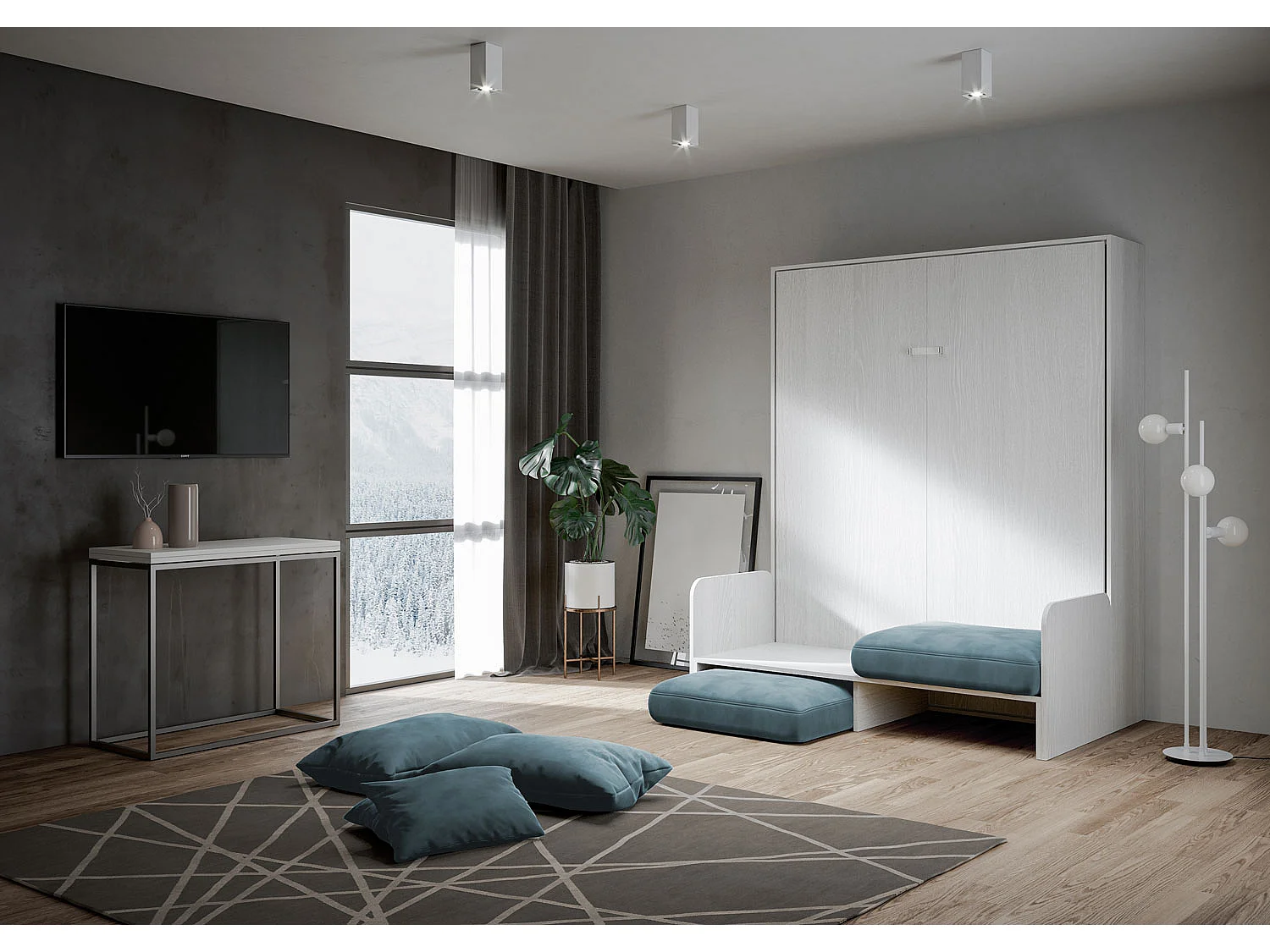 Kentaro 160cm opklapbaar tweepersoonsbed met witte essenhouten bank, lichtblauw