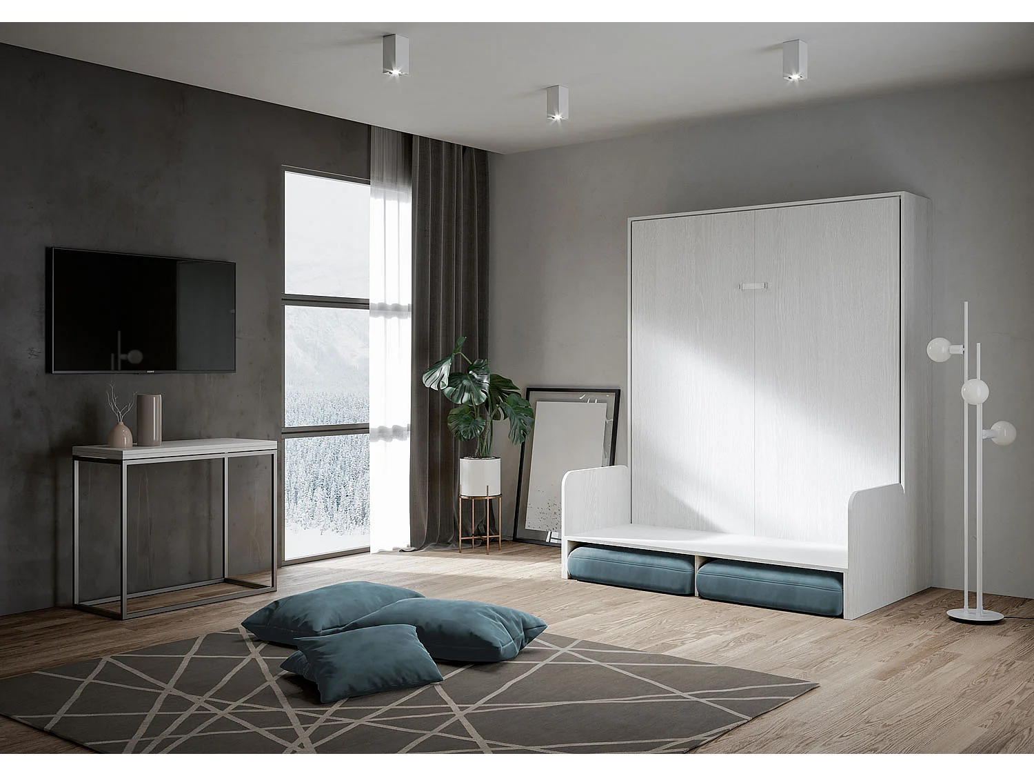 Kentaro 160cm opklapbaar tweepersoonsbed met witte essenhouten bank, lichtblauw