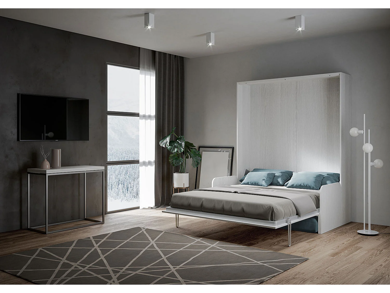 Kentaro 160cm opklapbaar tweepersoonsbed met witte essenhouten bank, lichtblauw