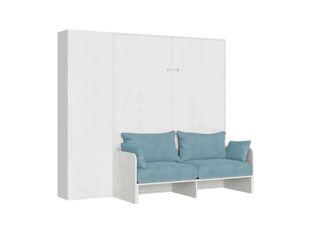 Kentaro 160 cm Klappdoppelbett mit Sofa und Säule in Esche weiß und hellblau