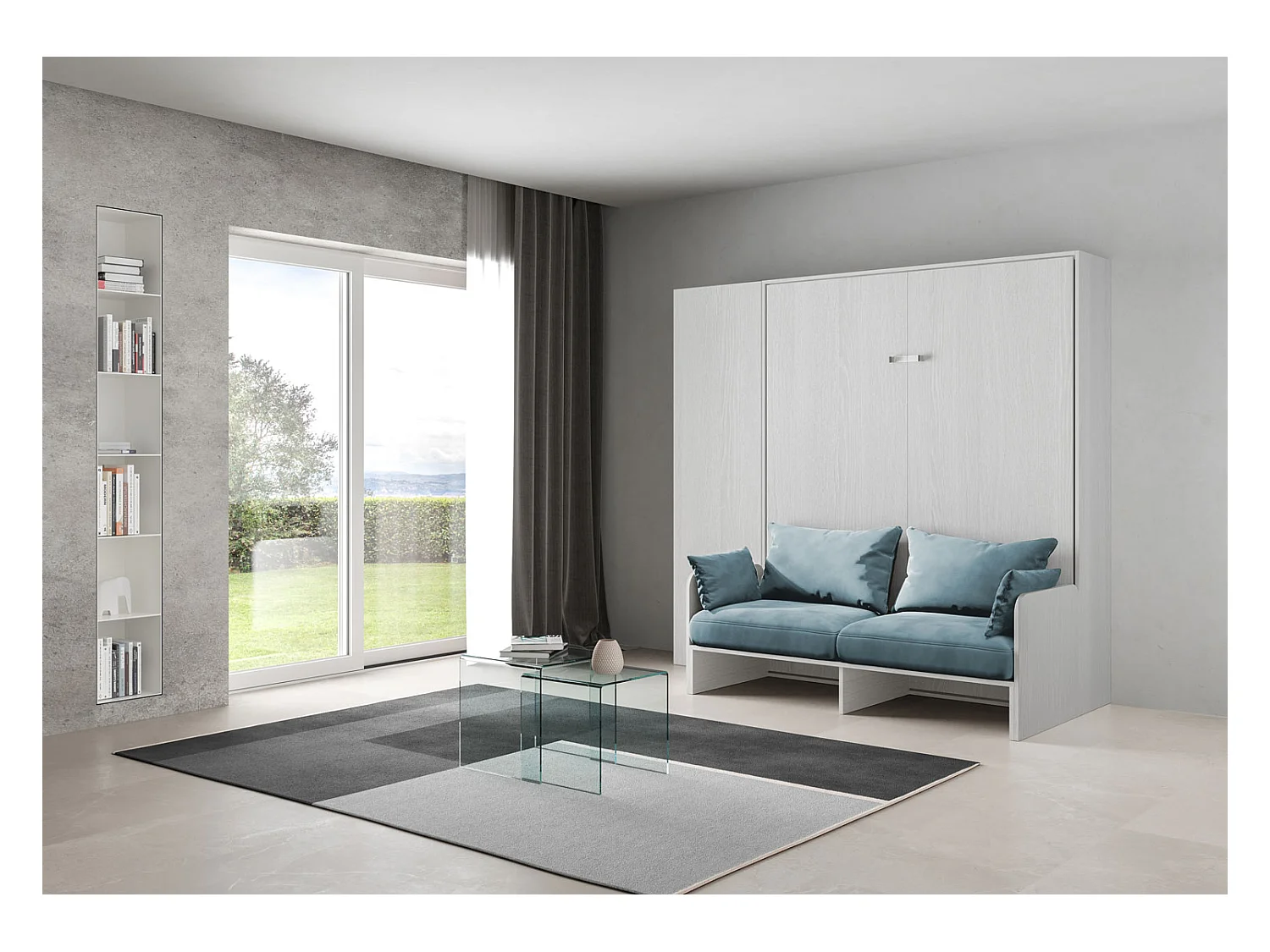 Kentaro 160 cm Klappdoppelbett mit Sofa und Säule in Esche weiß und hellblau