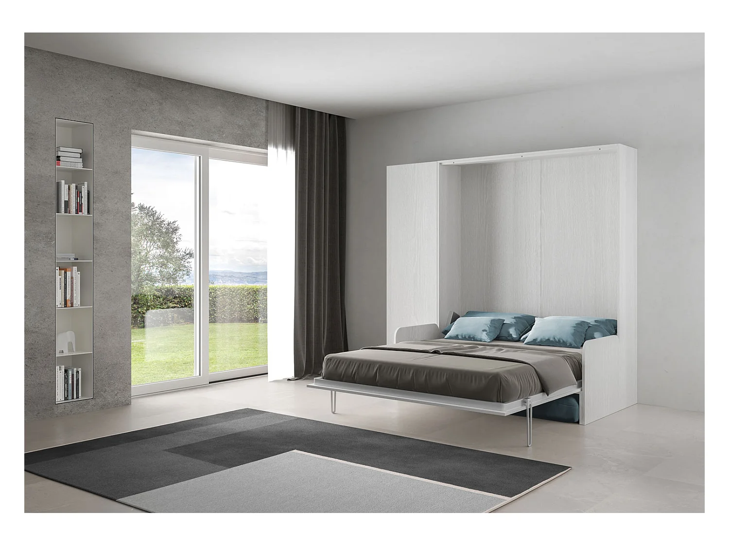 Kentaro 160 cm Klappdoppelbett mit Sofa und Säule in Esche weiß und hellblau