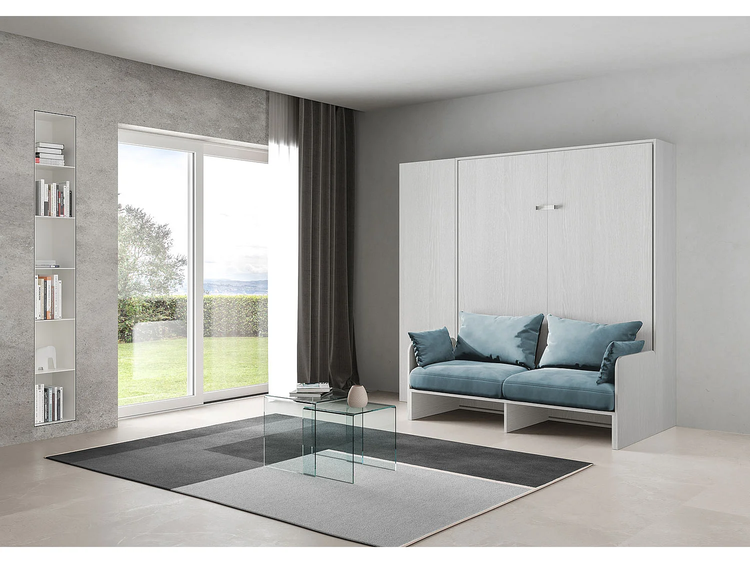 Kentaro 160cm opklapbaar tweepersoonsbed met bank en kolom in wit essenhout en lichtblauw