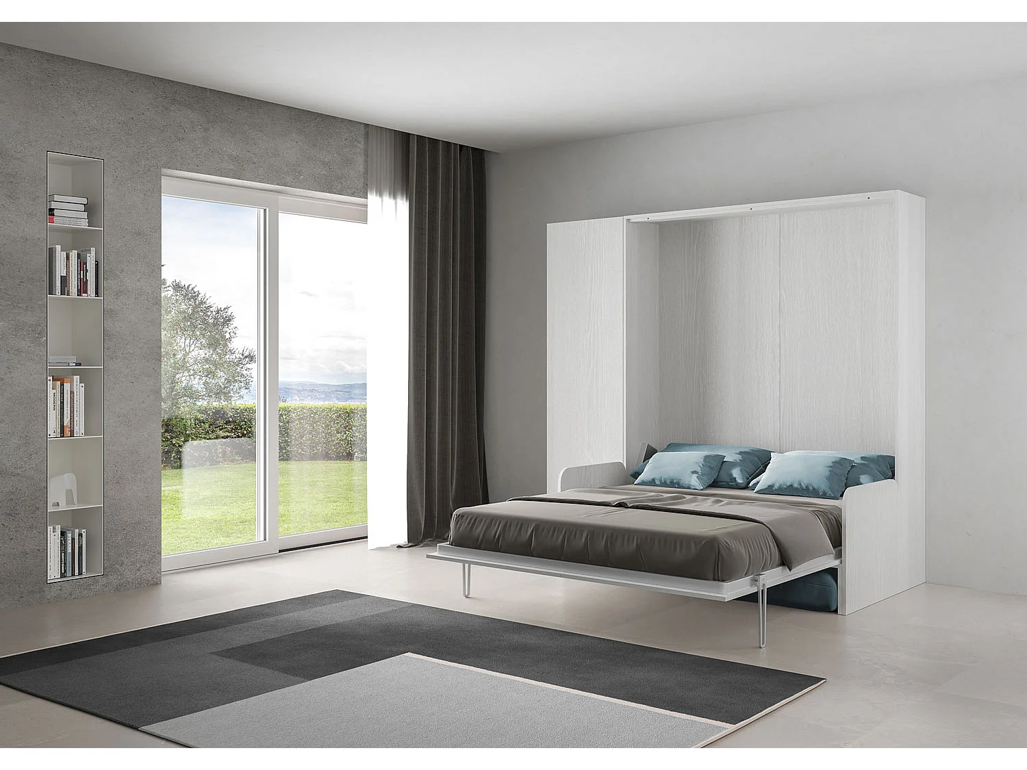 Kentaro 160cm opklapbaar tweepersoonsbed met bank en kolom in wit essenhout en lichtblauw