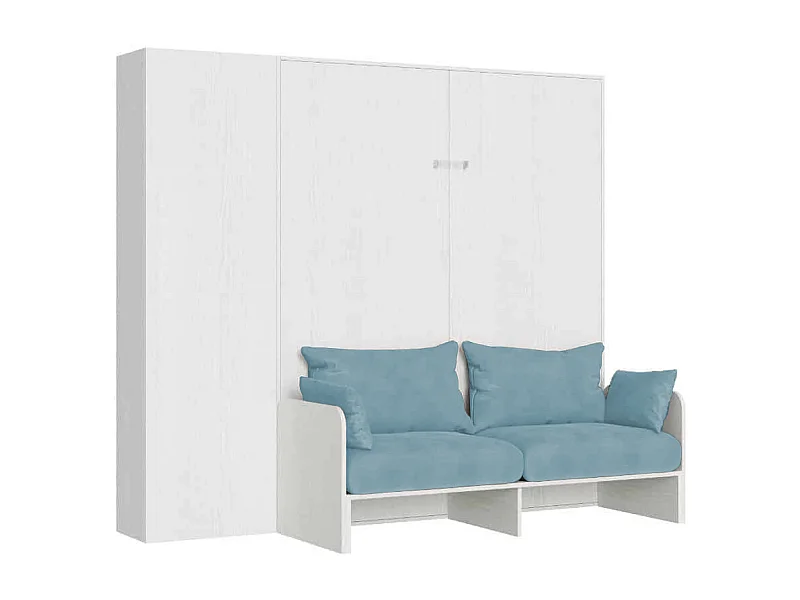 Kentaro 160 cm Klappdoppelbett mit Sofa und Säule in Esche weiß und hellblau