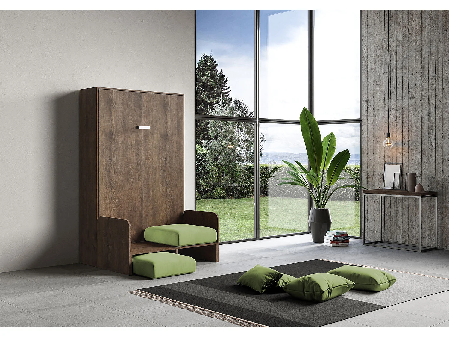 Kentaro 120cm opklapbed queensize met notenhouten bank, groen