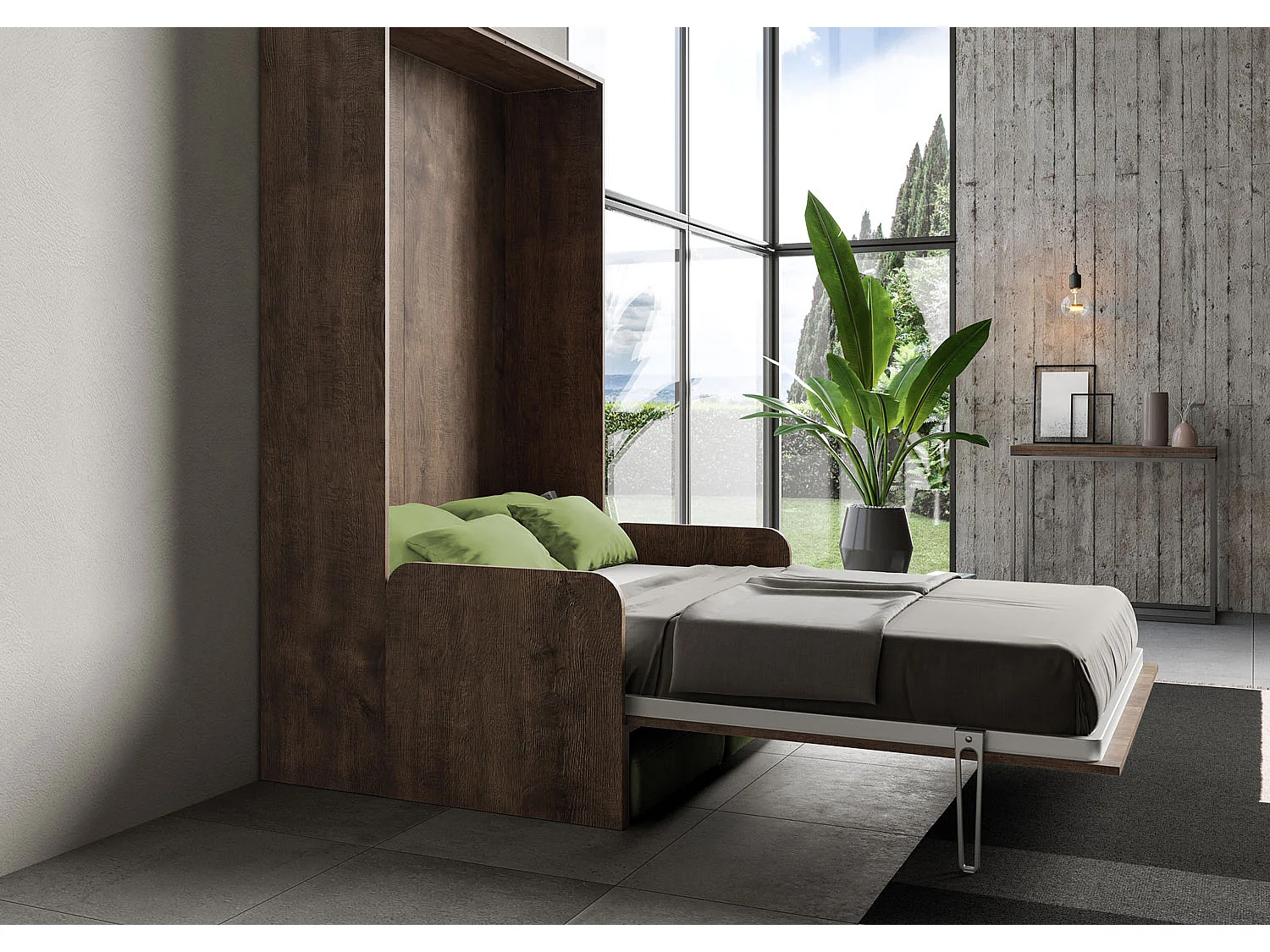 Kentaro 120cm opklapbed queensize met notenhouten bank, groen