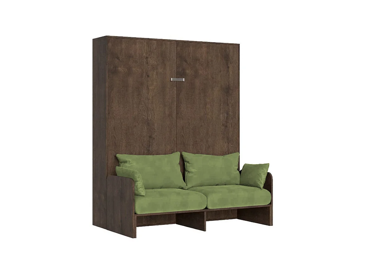 Lit double escamotable Kentaro 160 cm avec canapé en noyer, vert