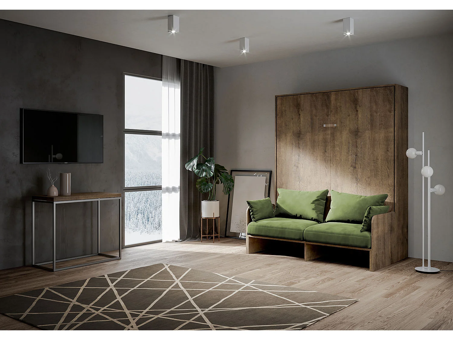 Kentaro 160cm opklapbed tweepersoonsbed met notenhouten bank, groen