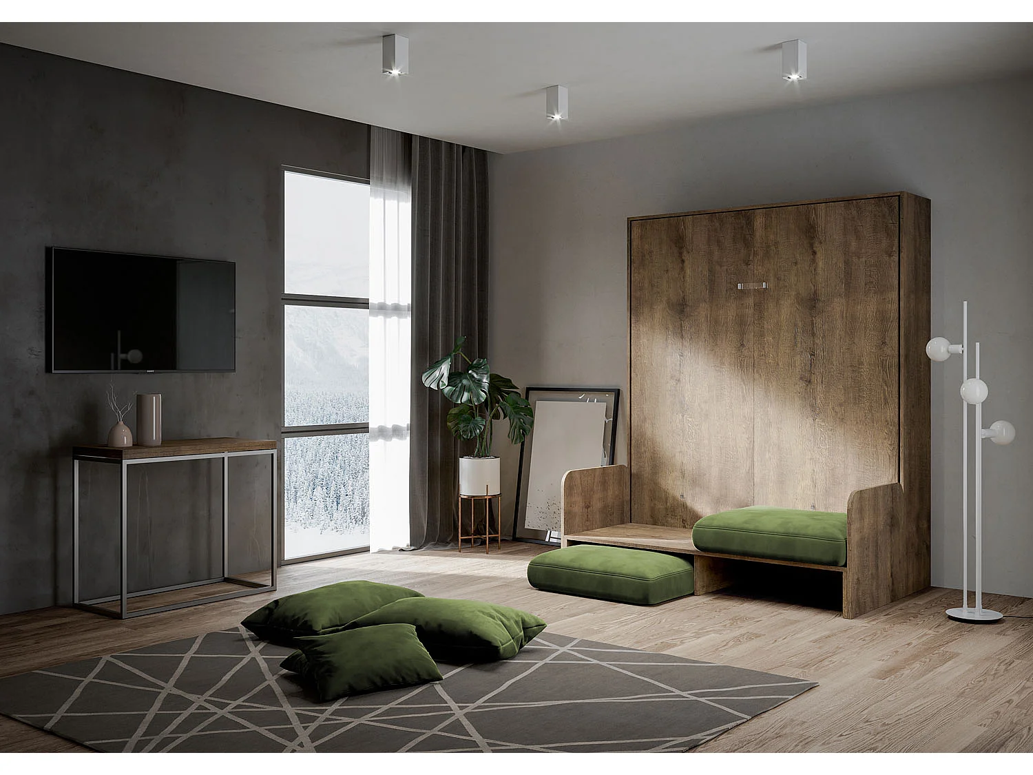 Kentaro 160cm opklapbed tweepersoonsbed met notenhouten bank, groen