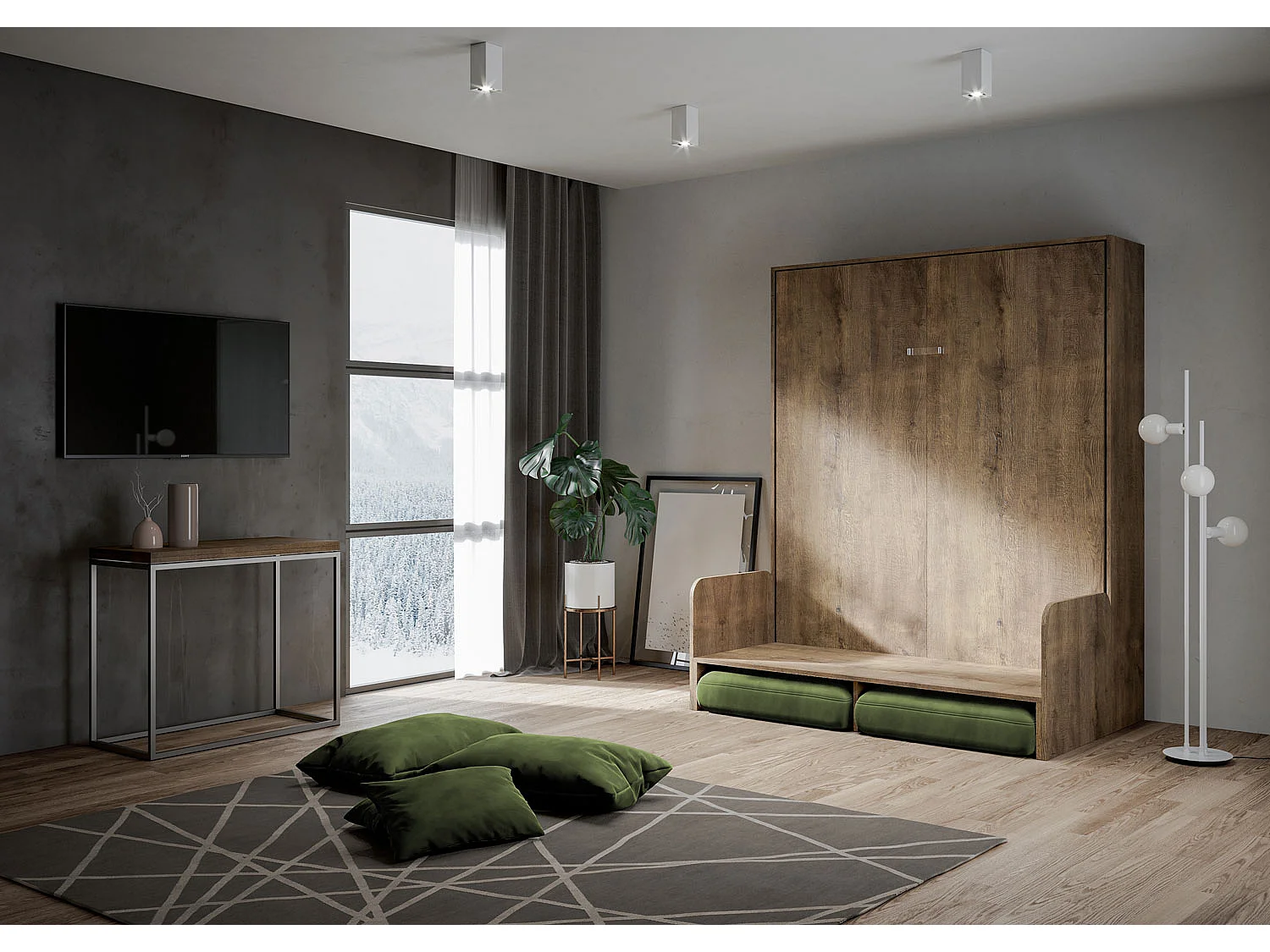 Kentaro 160cm opklapbed tweepersoonsbed met notenhouten bank, groen