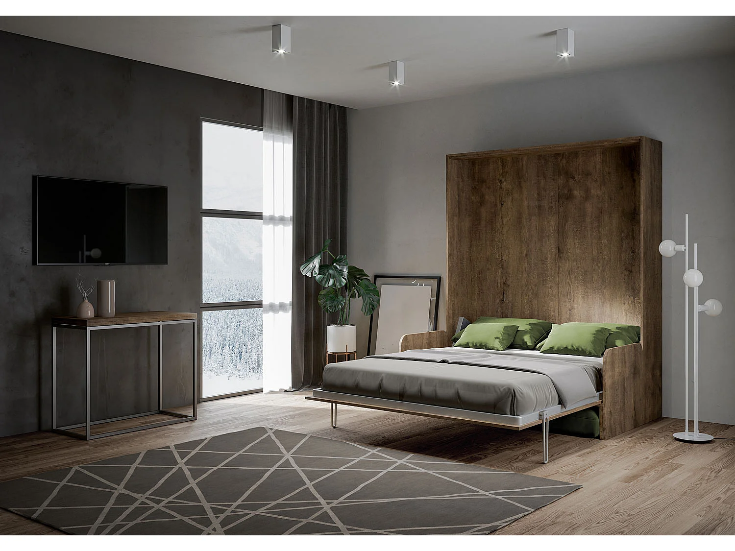 Kentaro 160cm opklapbed tweepersoonsbed met notenhouten bank, groen