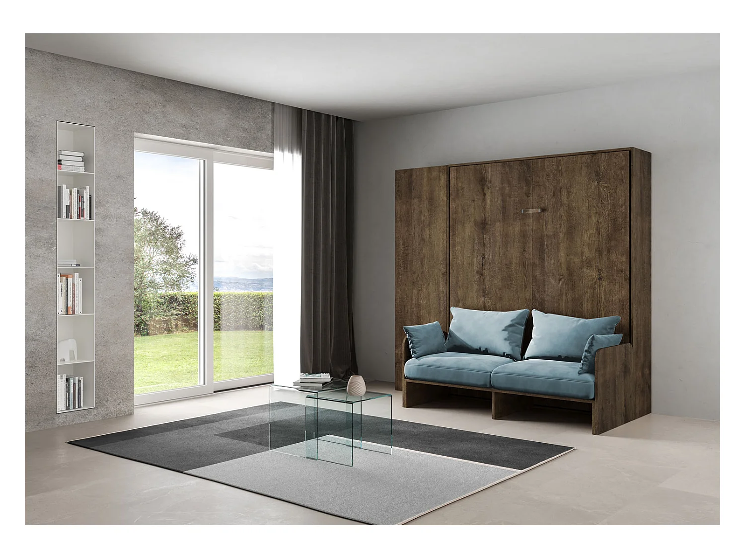 Kentaro 160 cm rozkładane łóżko podwójne z sofą i orzechową kolumną, jasnoniebieski